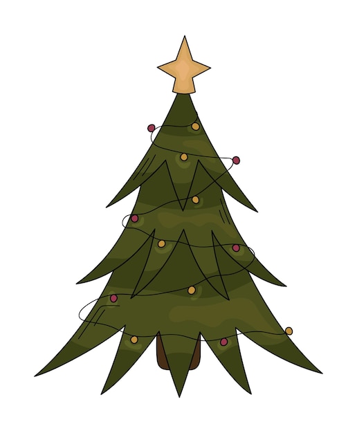 Boże Narodzenie, Nowy Rok Drzewo Na Białym Tle. Ręcznie Rysowane Wektor Wakacje Drzewo Z Girlandą I Gwiazdą