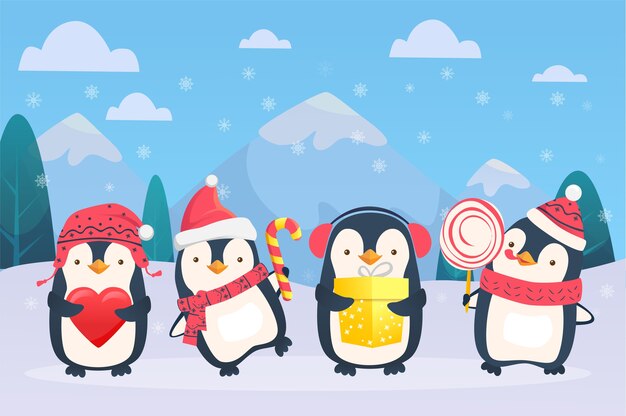 Boże Narodzenie Pingwiny Ilustracja Kreskówka