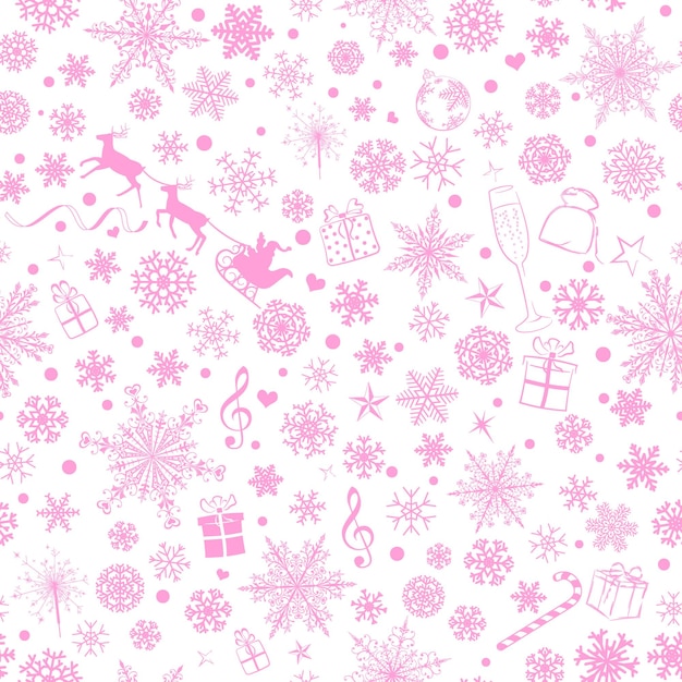 Plik wektorowy boże narodzenie płynny wzór różnych płatków śniegu i symboli wakacyjnych różowych na białym tle