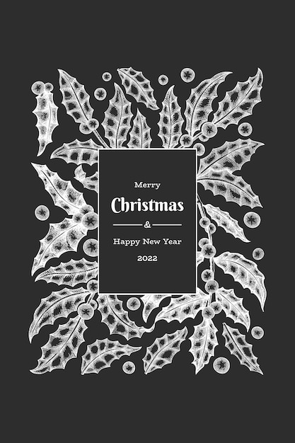 Boże Narodzenie Ręcznie Rysowane Wektor Kartkę Z życzeniami Szablon Projektu Ilustracja Botaniczna W Stylu Vintage Na Tablicy Kredy Zimowe Rośliny Xmas Transparent
