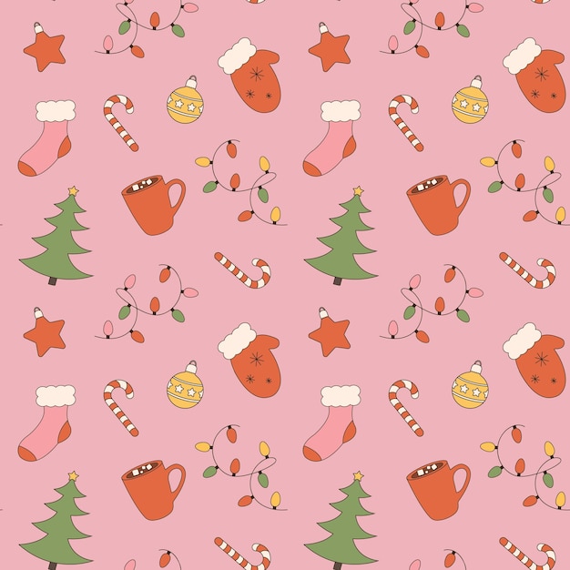 Boże Narodzenie ręcznie rysowane wzór w retro groovy kolory