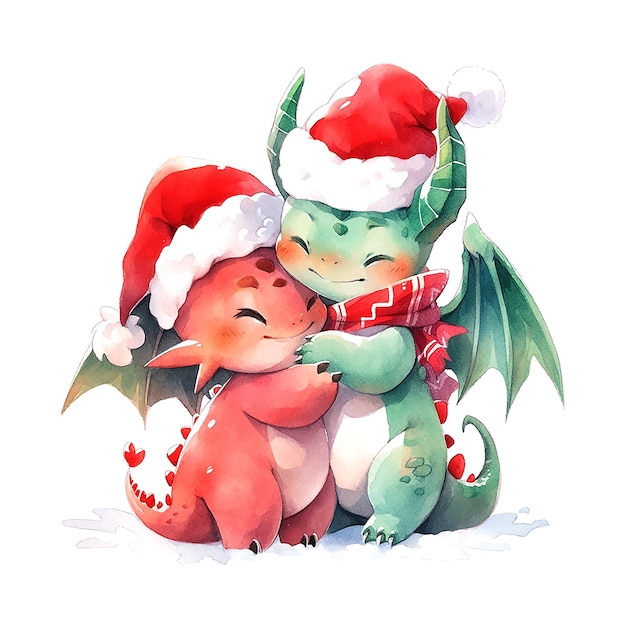 Boże Narodzenie słodkie małe 2 smoki przytulające się w stylu przypominającym akwarele na białym tle