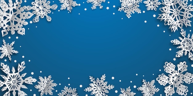 Boże Narodzenie tło z objętościowymi płatkami śniegu z miękkimi cieniami na jasnoniebieskim tle
