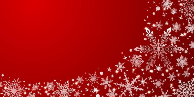 Boże Narodzenie Tło Z Różnymi Złożonymi Dużymi I Małymi Płatkami śniegu, Biały Na Czerwonym