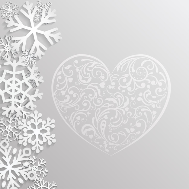Boże Narodzenie tło z sercami i płatkami śniegu w szarych kolorach