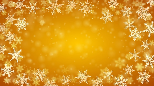 Boże Narodzenie Tło Złożonych Niewyraźnych I Wyraźnie Spadających Płatków śniegu W żółtych Kolorach Z Efektem Bokeh