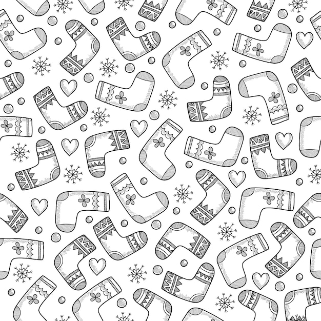 Boże Narodzenie wakacje bawełniane skarpetki wzór. Ilustracja wektorowa na projekt wakacje. Choinka świąteczna dekoracja z płatkami śniegu, sercami, cukierkami.