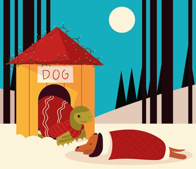Plik wektorowy boże narodzenie żółw w domu i śpiącego psa w ilustracji wektorowych sceny śniegu