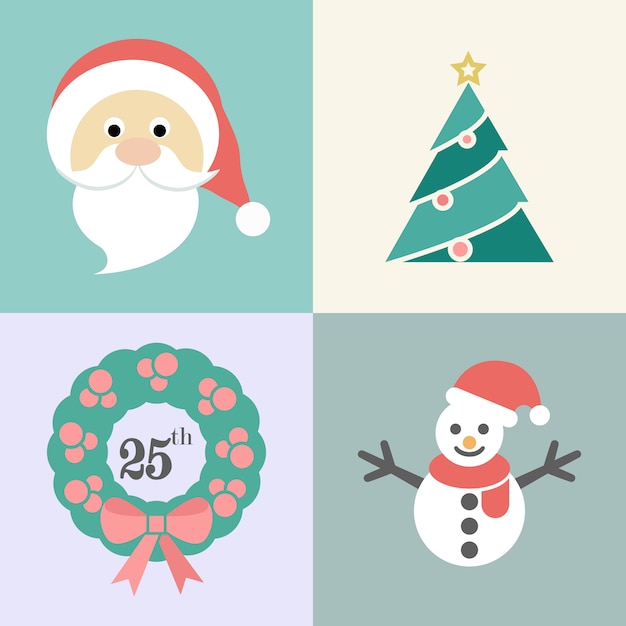 Bożenarodzeniowy Ikona Set, Santa, Xmas Drzewo, Bożenarodzeniowy Wianek I śnieżny Mężczyzna, Wektorowa Ilustracja