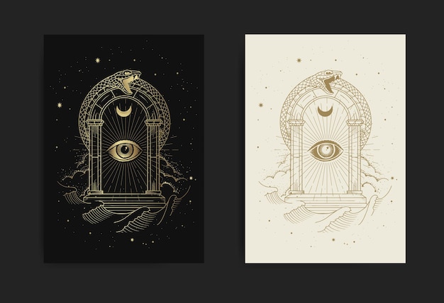 Bramy wszechświata z okiem boga i ornamentem węża z grawerem, ręcznie rysowanym, luksusowym, ezoterycznym, boho, magicznym stylem, nadające się do paranormalnych, czytnika kart tarota, astrologa lub tatuażu