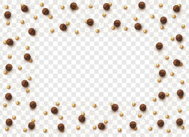 Plik wektorowy brązowe okrągłe czekoladki, perły i placer z brokatem izolowane na przezroczystym tle.