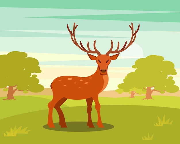 Plik wektorowy brązowy jeleń cętkowany z rogami stojący dzikie zwierzę na tle zielonej łąki i lasu wektor ilustracja w stylu kreskówki