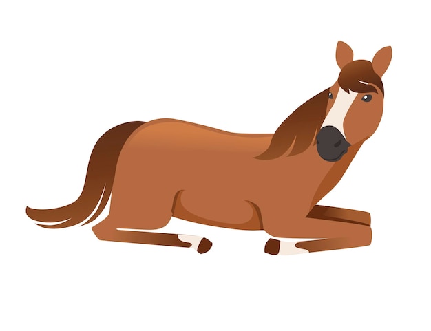 Plik wektorowy brązowy koń dziki lub domowy leżący na ziemi ilustracja kreskówka projekt płaski wektor