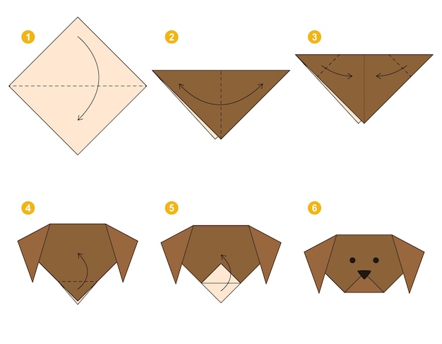 Brązowy Pies Origami Schemat Samouczek Ruchomy Model. Origami Dla Dzieci. Krok Po Kroku Jak Zrobić Uroczego Psa