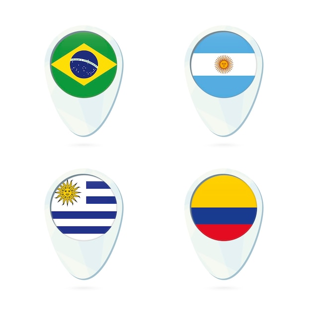 Brazylia Argentyna Urugwaj Kolumbia flaga mapa lokalizacja ikona pin