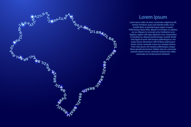 Brazylia mapa kraju wzdłuż konturu powtarzających się angielskich niebieskich słów nazwa stanu i świecące gwiazdy kosmiczne