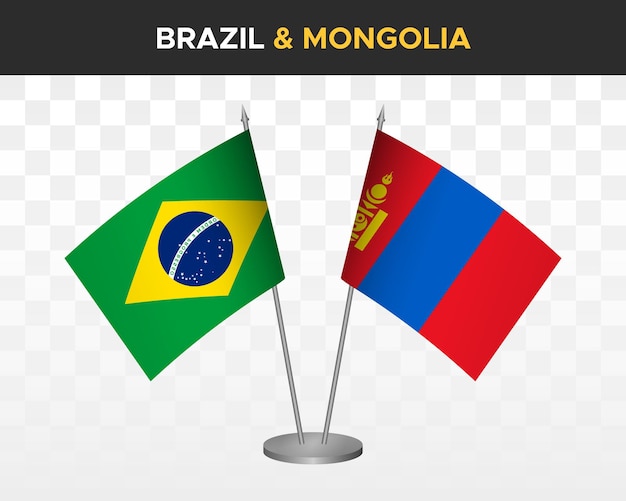 Brazylia Vs Mongolia Flagi Na Biurko Makieta Na Białym Tle 3d Wektor Ilustracja Flagi Stołowe