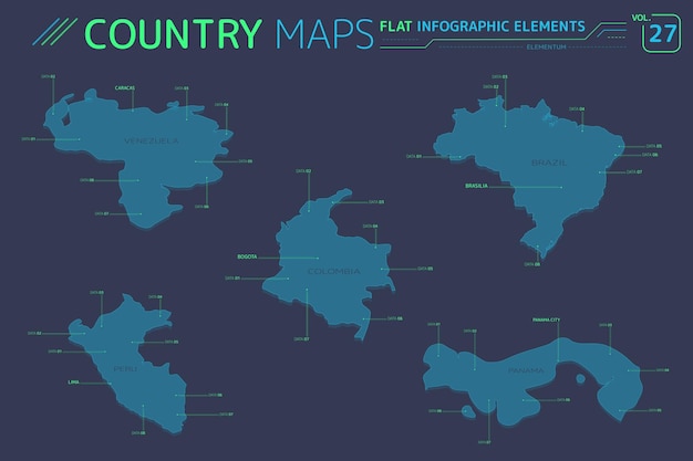 Brazylia, Wenezuela, Peru, Kolumbia i mapy wektorowe Panamy