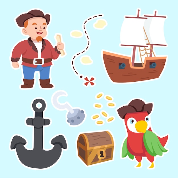 Brodaty kapitan statku z kotwicą i zajęciem sprzętu kotwica na skrzynię skarbów i piękna ara w ilustracji wektorowych postaci z kreskówek