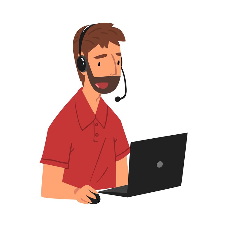 Wektor brodaty mężczyzna operator call center online asystent obsługi klienta z słuchawką help desk