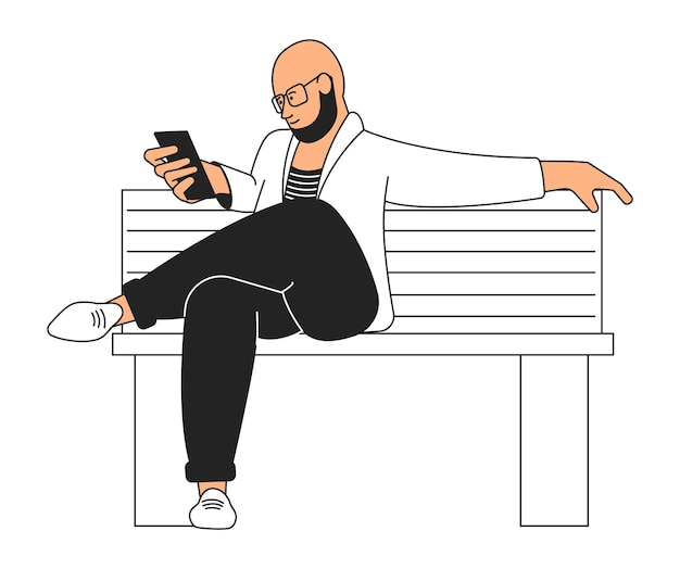 Brodaty Mężczyzna Siedzi Na ławce. Facet Za Pomocą Smartfona. Rozmawiająca Osoba. Ilustracja Wektorowa