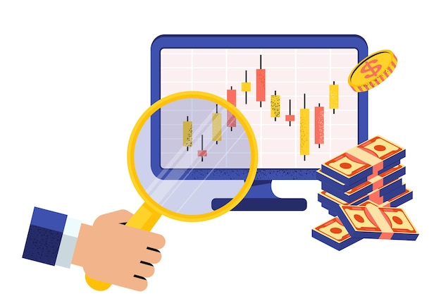 Broker giełdowy online. Ręka z lupą w pobliżu monitora komputerowego. Japoński wykres świecowy. Rynek finansowy. Notowania giełdowe i ceny towarów. Ilustracja wektorowa płaski.