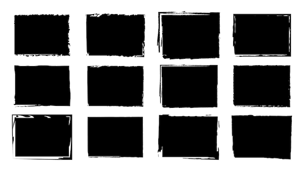 Brudne ramki do projektowania w stylu grunge Pociągnięcia pędzlem atramentem Zestaw tekstur niepokoju o kształcie kwadratowym lub prostokątnym Pojedyncze tła do projektowania ramek tekstowych plakaty banery Czarny biały