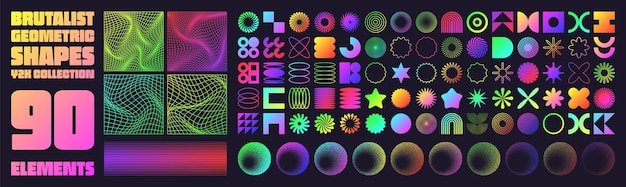 Brutalistyczne geometryczne kształty neonowe nowoczesne symbole groovy szachowy wzór zniekształcony płytkowa siatka prosta