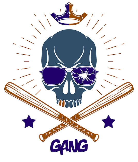 Plik wektorowy brutalny emblemat lub logo gangstera z agresywnymi czaszkami kijów baseballowych, wektorową przestępczością anarchiczną lub terroryzmem w stylu retro, rewolucyjnym gettem.