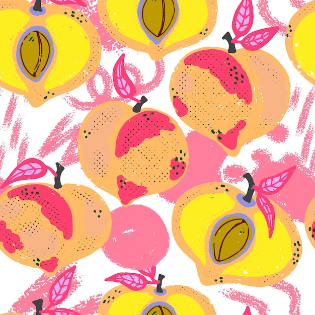 Plik wektorowy brzoskwinie i abstrakcyjne plamy tekstura owoców wzorzec organiczny roślin w stylu kreskówki ręcznie narysowane elementy wektorowy bezszwy nakładający się wzór