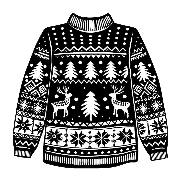 Wektor brzydki świąteczny sweter, dziane sweterki z zimowymi wzorami, wektor