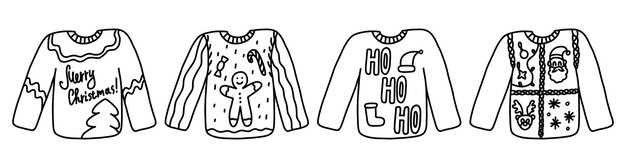 Brzydkie świąteczne sweterki zestaw doodle Słodkie sweterki na przyjęcie świąteczny w stylu kreskówek Ręcznie narysowana czarno-biała ilustracja izolowana na białym tle