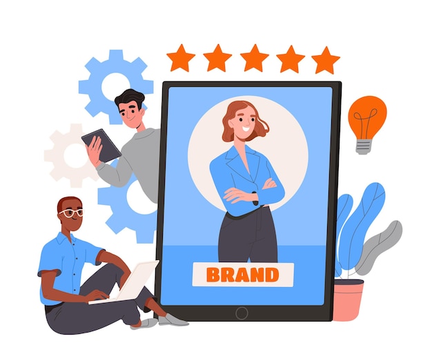 Budowanie koncepcji marki dla mężczyzn w pobliżu tabletu z reklamą korporacyjną i promocją marketingową dla kobiet