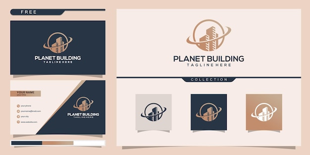 Budowanie Planety Z Koncepcją Linii. Streszczenie Budynku Miasta Dla Inspiracji Logo. Projekt Wizytówki