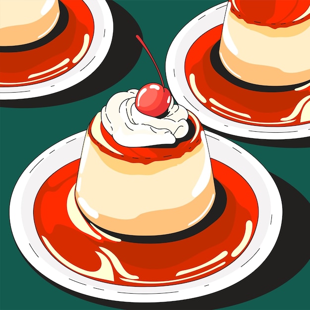 Plik wektorowy budyń mleczny pudding budyniowy z polewą karmelową płaska ilustracja w stylu kreskówki