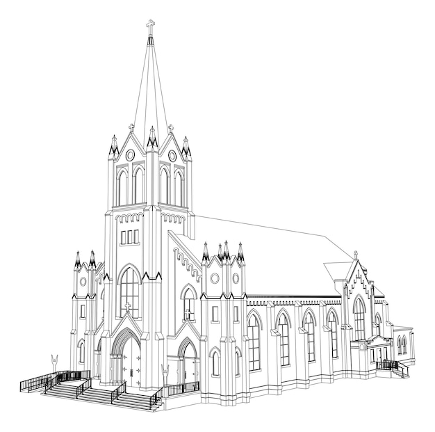 Plik wektorowy budynek kościoła katolickiego, widoki z różnych stron. trójwymiarowa ilustracja na białym tle.