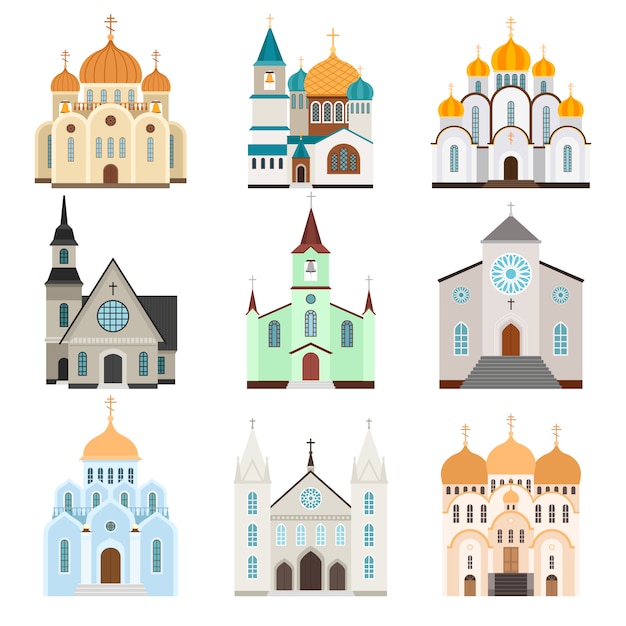 Budynek sanktuarium. Chrześcijańska bazylika i kościół płaski styl, wektorowa ilustracja