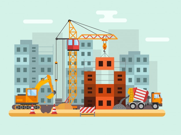 Budynek w budowie, pracowników i konstrukcji technicznych ilustracji wektorowych