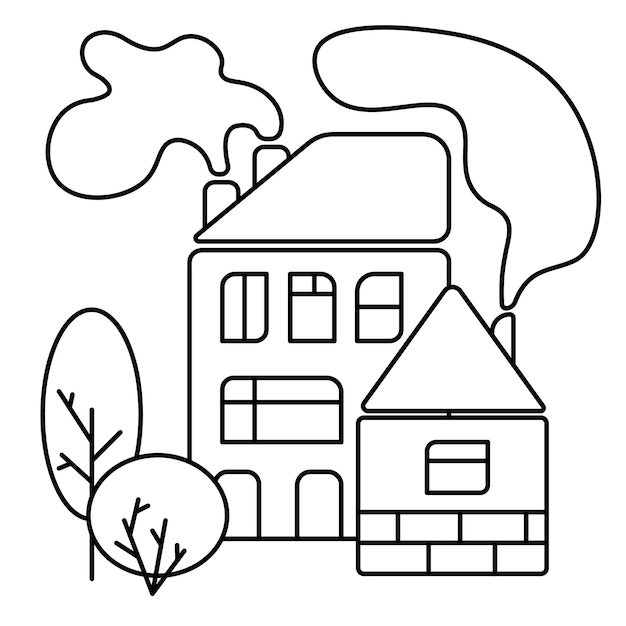 Budynek1 Krajobraz Z Dwoma Domami Dym Z Komina I Drzewami. Czarno-biała Ilustracja