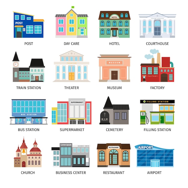 Plik wektorowy budynki miejskie płaskie ikony na białym tle. przedszkole i hotel, sąd i lotnisko, dworzec autobusowy i centrum biznesowe. ilustracja wektorowa