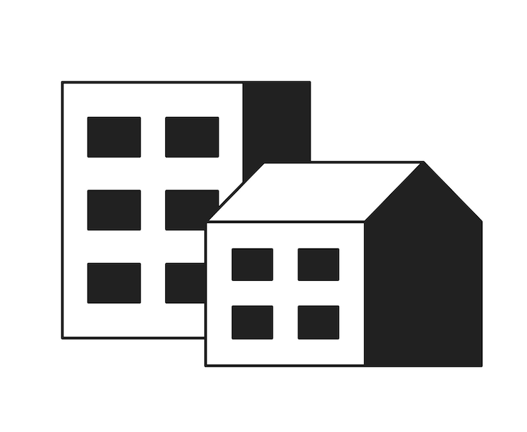 Wektor budynki mieszkalne monochromatyczny płaski obiekt wektorowy miasto edytowalna czarno-biała ikonka cienkiej linii prosta ilustracja spotów clip art dla projektowania graficznego sieci
