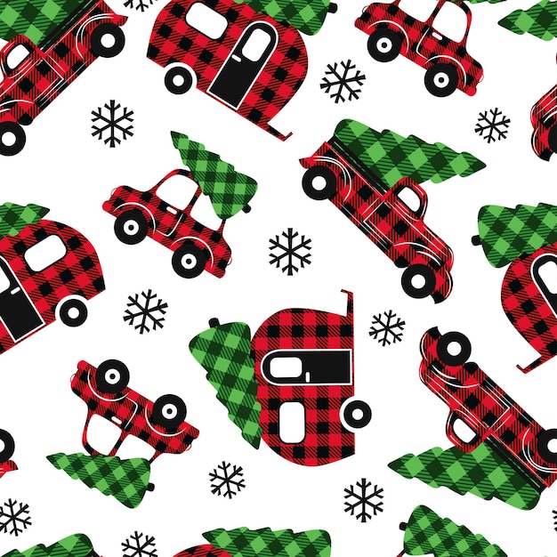 Buffalo Plaid Christmas Transport Czerwony Samochód Kempingowy I Samochód świąteczny Wzór Wektor