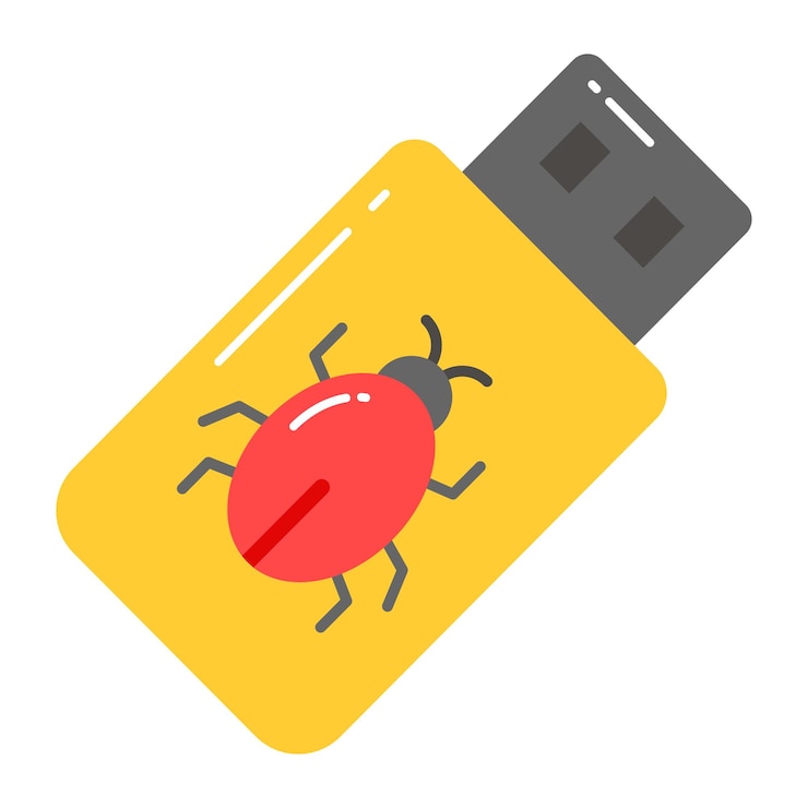 Wektor bug na dysku flash oznaczający koncepcję wektoru zagrożenia z hakowanymi danymi usb