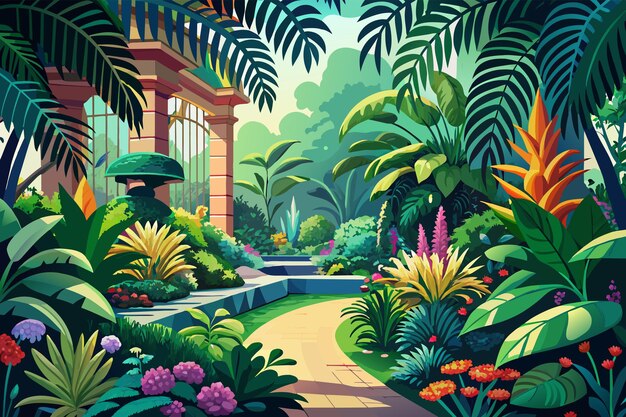 Bujny Ogród Pełen Tropikalnych Roślin I Kwiatów