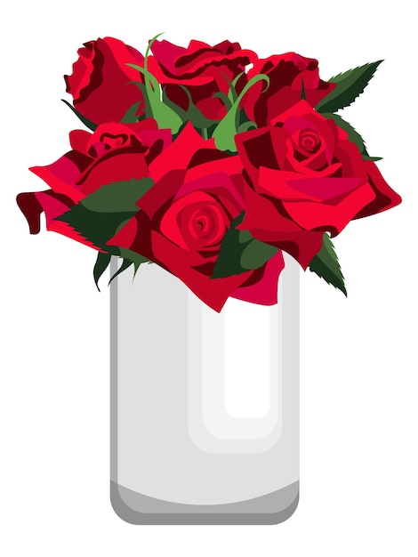 Plik wektorowy bukiet czerwonych róż z zielenią w wazonie z białej gliny. na białym tle