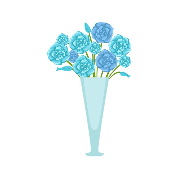Plik wektorowy bukiet kwiatów niebieskich róż w wysokim wazonie z kwiatami kwiaciarnia rośliny ozdobne asortyment pozycja kreskówka ilustracja wektorowa