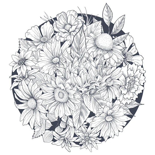 Plik wektorowy bukiet kwiatów ręcznie rysowane szkic ilustracji dzikie kwiaty
