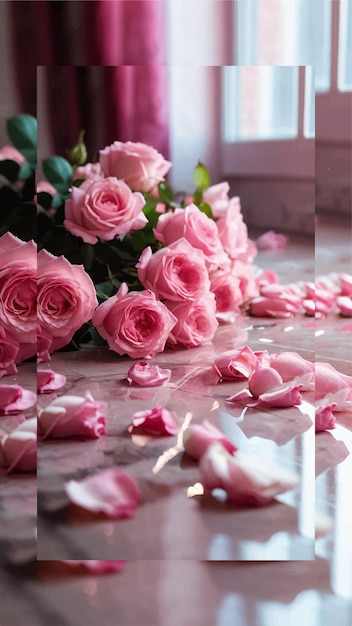 Plik wektorowy bukiet różowych róż na złamanym lustrze na podłodze.