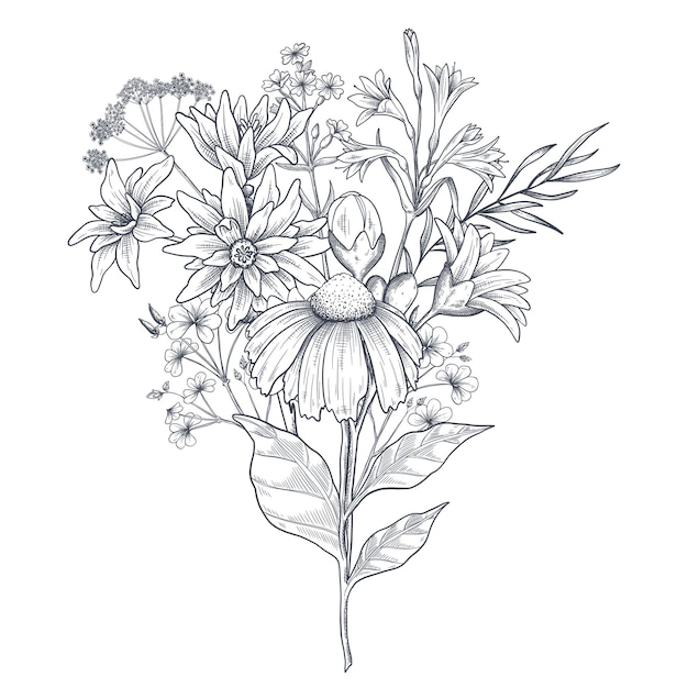 Plik wektorowy bukiet wczesnowiosennych kwiatów styl botaniczny grawerowania ilustracji wektor czarno-biały