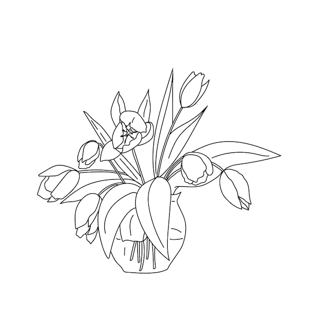 Plik wektorowy bukiet wiosennych kwiatów tulipanów w wazonie. ilustracja wektorowa. element projektu na plakat, kolorowankę, naklejki, karty